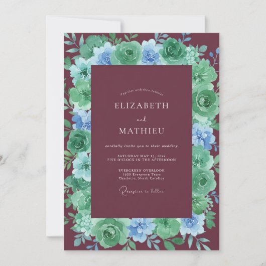 Burgundy Verdant Blossom Wedding 招待状 (正面)