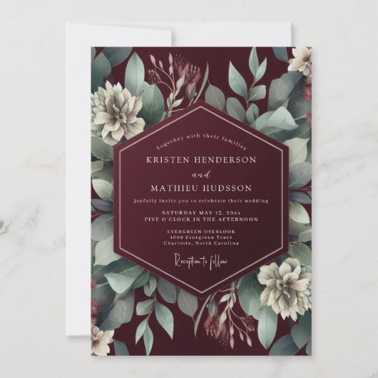 Burgundy Verdant Botanical Dream Wedding 招待状 (正面)