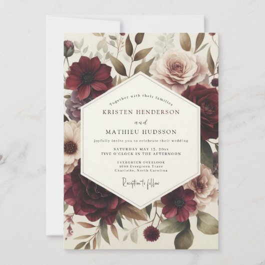 Burgundy Victorian Flora Wedding 招待状 (正面)