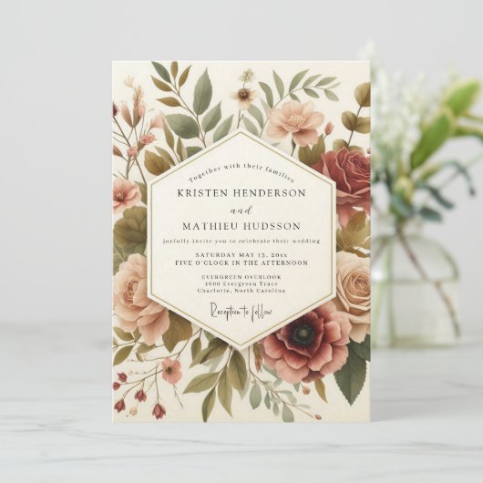 Burgundy Vintage Bloom Wedding 招待状 (スタンド正面)