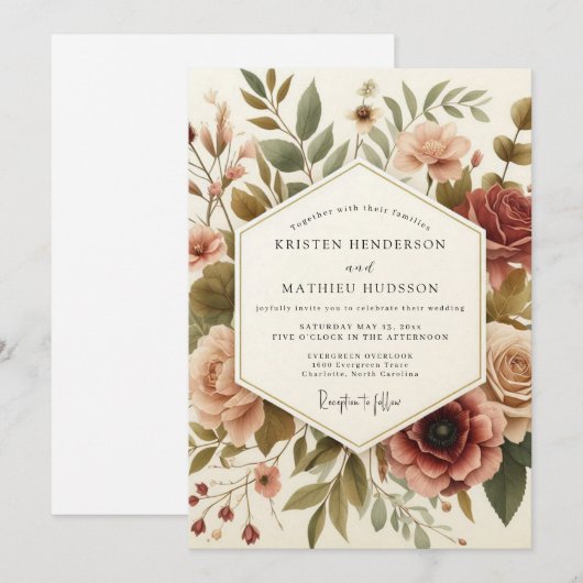 Burgundy Vintage Bloom Wedding 招待状 (正面/裏面)