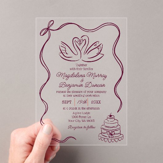 Burgundy Vintage Hand Drawn Swans Retro Wedding アクリル招待状 (インサイチュ (ポータブル))