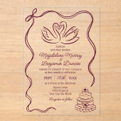 Burgundy Vintage Hand Drawn Swans Retro Wedding アクリル招待状 (正面)