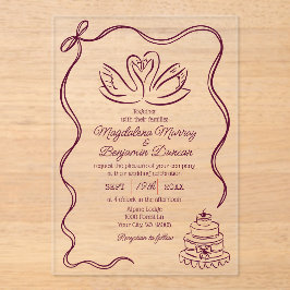 Burgundy Vintage Hand Drawn Swans Retro Wedding アクリル招待状
