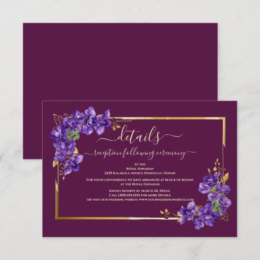 Burgundy Violet Floral Gold Frame Elegant Wedding エンクロージャーカード (正面/裏面)