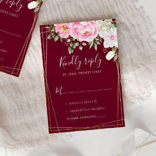 Burgundy Water Color Geometric結婚's 出欠カード