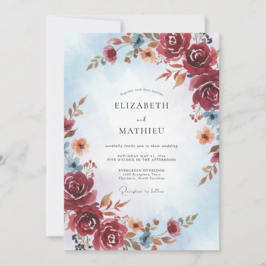 Burgundy Watercolor Fall Wedding 招待状 (正面)
