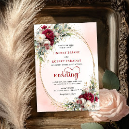 Burgundy Watercolor Floral Gold Wedding Invitation 招待状