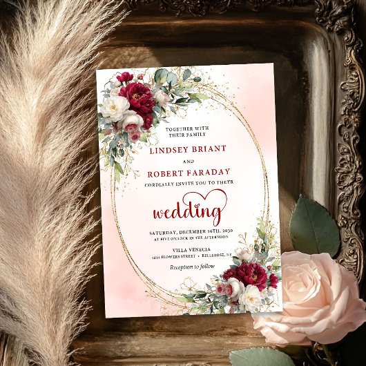 Burgundy Watercolor Floral Gold Wedding Invitation 招待状