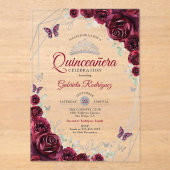 Burgundy Watercolor Floral Quinceanera アクリル招待状 (正面)