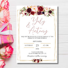 Burgundy watercolor modern flowers  invitation  招待状