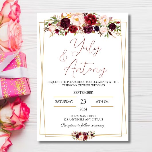 Burgundy watercolor modern flowers  invitation  招待状