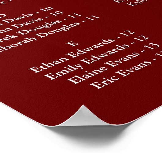 Burgundy Wedding Alphabetical Seating Chart ポスター (角)