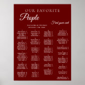Burgundy Wedding Alphabetical Seating Chart ポスター (正面)