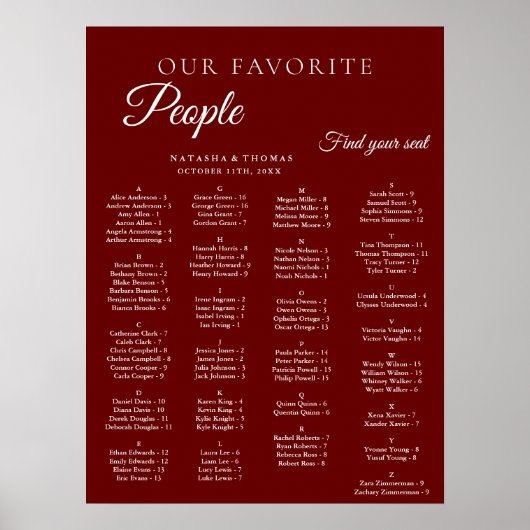 Burgundy Wedding Alphabetical Seating Chart ポスター (正面)