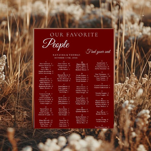 Burgundy Wedding Alphabetical Seating Chart ポスター
