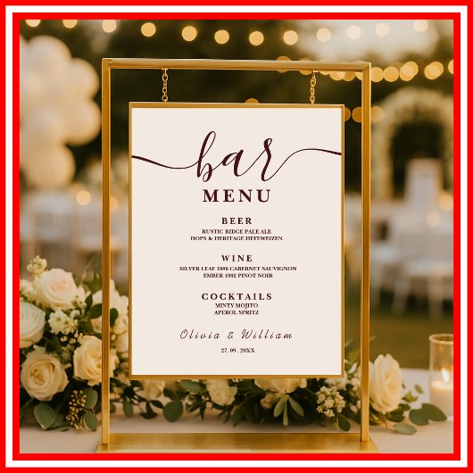 Burgundy Wedding Bar Menu  ポスター