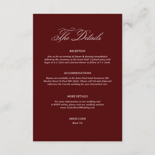 Burgundy Wedding Details エンクロージャーカード (正面)