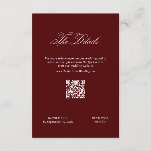 Burgundy Wedding Details Qr Code エンクロージャーカード (正面)