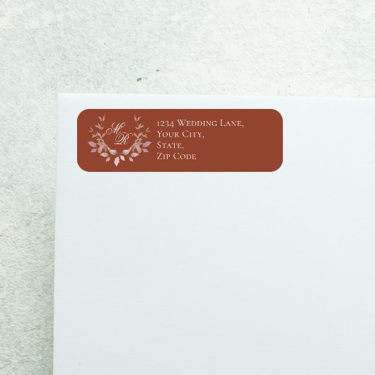 Burgundy Wedding Monogram Script Floral  ラベル