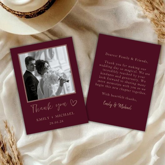 Burgundy Wedding Photo Thank You Card Elegant サンキューカード
