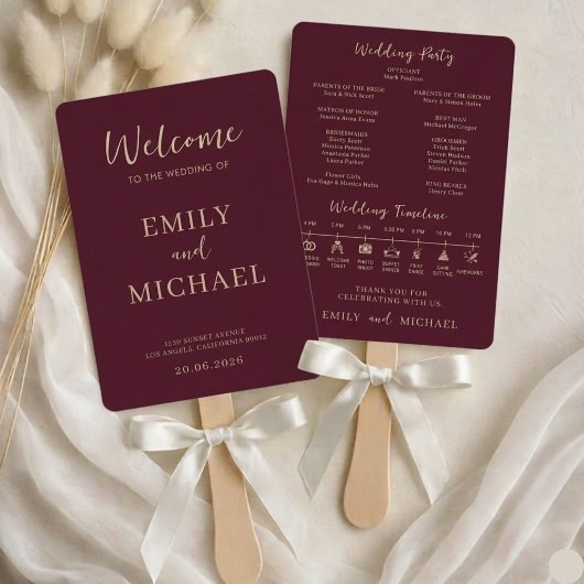 Burgundy Wedding Program Timeline Elegant Modern ハンドファン