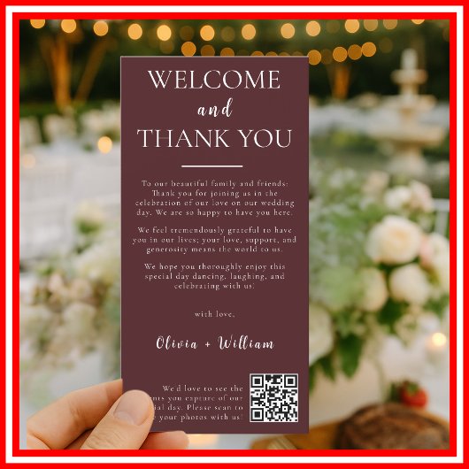 Burgundy Wedding QR Code Welcome & Thank You Card  サンキューカード