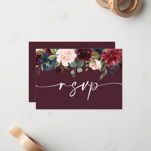 Burgundy Wedding RSVP QR Code Card ノートカード (正面/裏面インサイチュ)