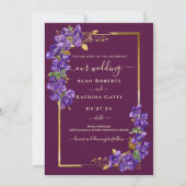 Burgundy Wedding RSVP QR Code Violets Gold Frame 招待状 (正面)