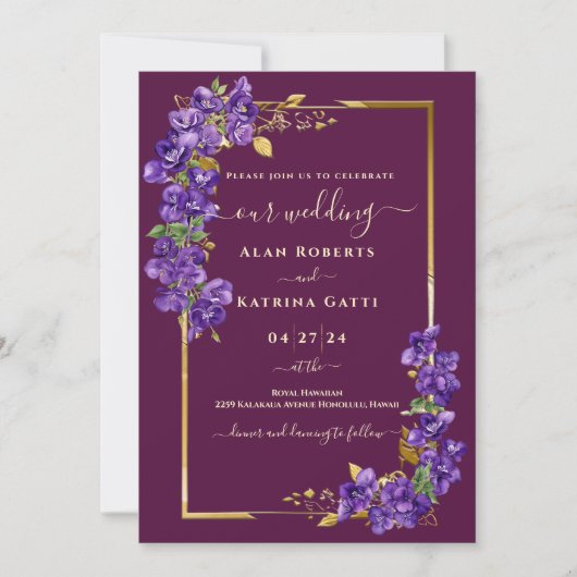 Burgundy Wedding RSVP QR Code Violets Gold Frame 招待状 (正面)