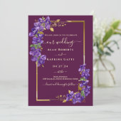 Burgundy Wedding RSVP QR Code Violets Gold Frame 招待状 (スタンド正面)