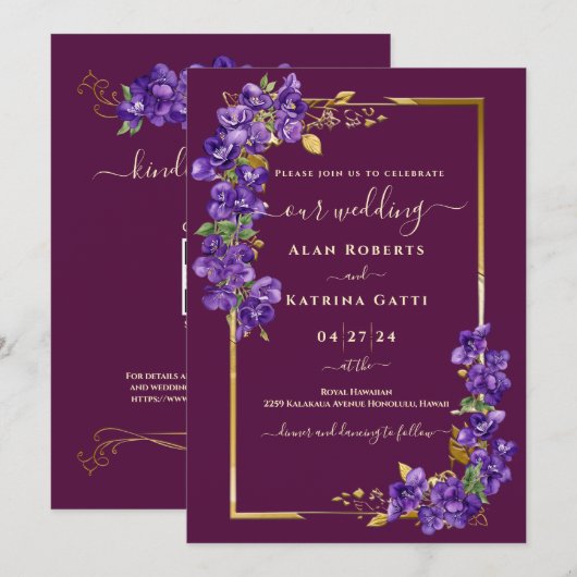 Burgundy Wedding RSVP QR Code Violets Gold Frame 招待状 (正面/裏面)