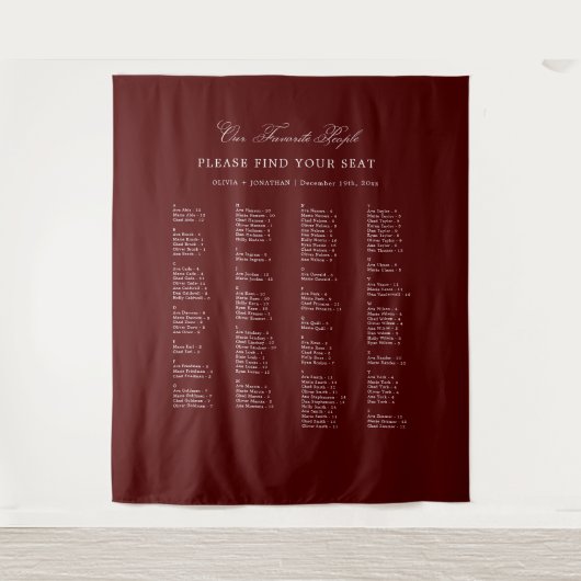 Burgundy Wedding Seating Chart Alphabetical Fabric タペストリー (正面)
