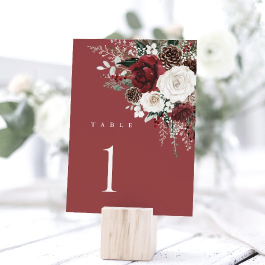Burgundy Wedding Table Numbers, Winter Floral 