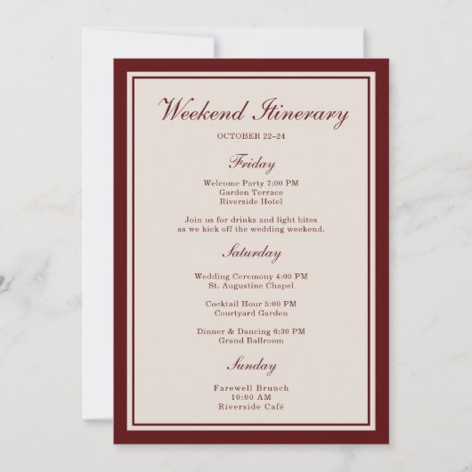 Burgundy Wedding Weekend Itinerary Card 招待状 (正面)