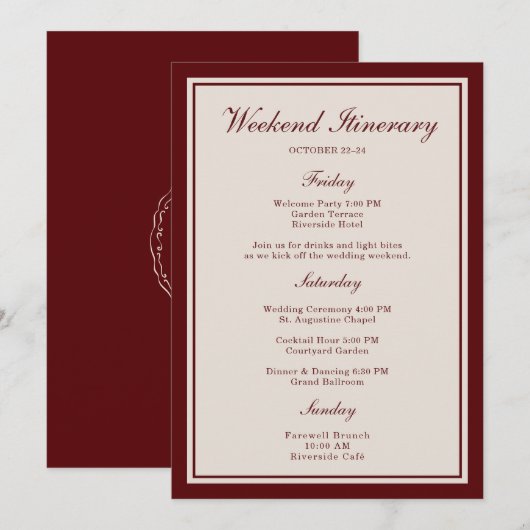 Burgundy Wedding Weekend Itinerary Card 招待状 (正面/裏面)