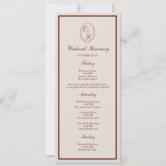 Burgundy Wedding Weekend Long Itinerary Card 招待状 (正面)