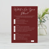 Burgundy What's On Your Phone Bridal Shower カード (スタンド正面)