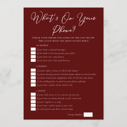 Burgundy What's On Your Phone Bridal Shower カード (正面)