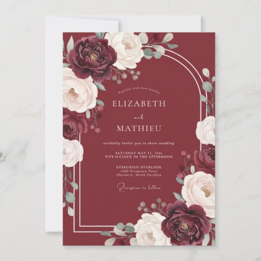 Burgundy Whimsical Blossom Wedding 招待状 (正面)