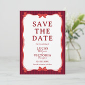 Burgundy Whimsical Red Bow Save The Date 招待状 (スタンド正面)