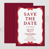 Burgundy Whimsical Red Bow Save The Date 招待状 (正面/裏面)
