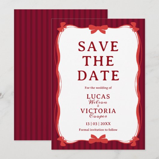 Burgundy Whimsical Red Bow Save The Date 招待状 (正面/裏面)