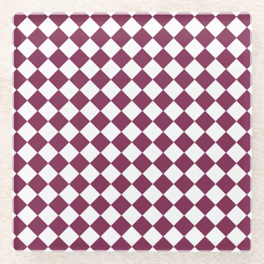 Burgundy White Checker Diamond Pattern ガラスコースター (正面)