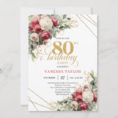 Burgundy white floral 80th birthday invite green  招待状 (正面)