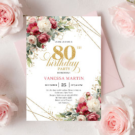 Burgundy white floral 80th birthday invite green  招待状