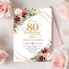 Burgundy white floral greenery style 80th birthday 招待状