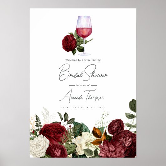 Burgundy & White Floral Wine Tasting Bridal Shower ポスター (正面)