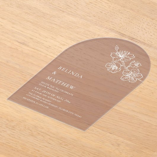 Burgundy White Line Art Minimalist Wedding アクリル招待状 (レイダウン)