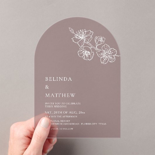 Burgundy White Line Art Minimalist Wedding アクリル招待状 (インサイチュ (ポータブル))